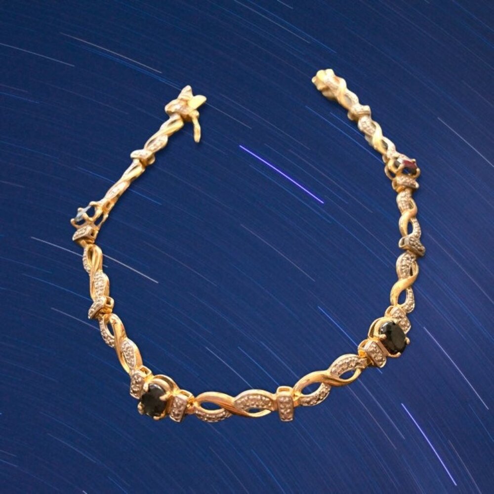 Vintage 925 Gold Criss Cross Bracelet with Black Stones & CZ Crystal Rhinestones